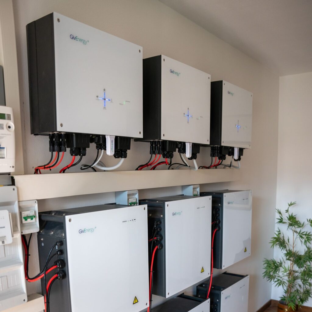 Several home batteries fitted side by side, showing how you can add more storage later