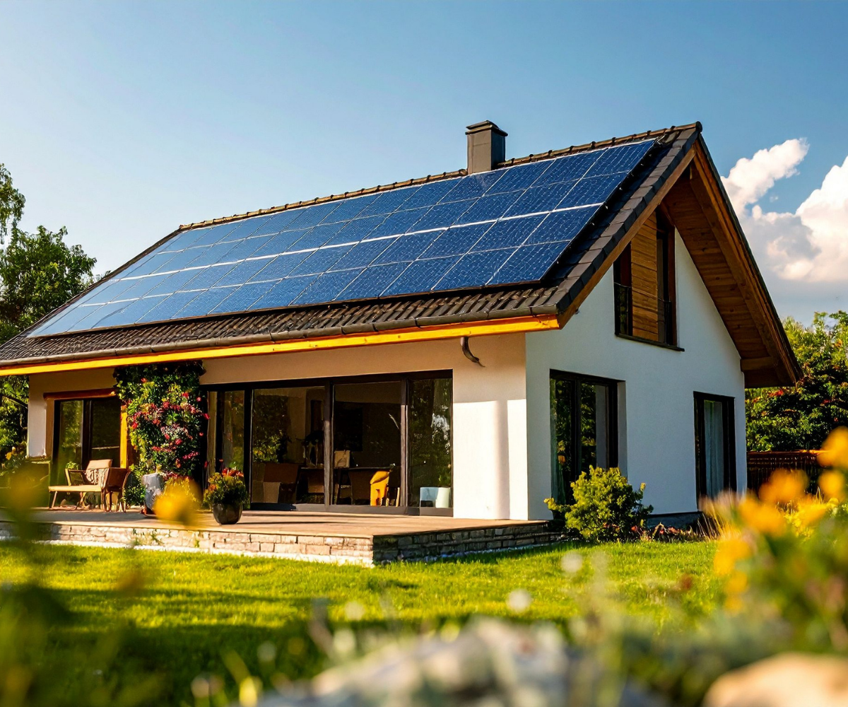 A British house with solar panels installed on the roof